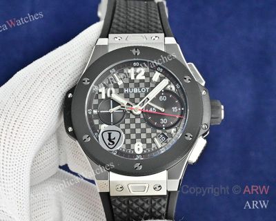 High Quality Replica HUBLOT BIG BANG 20TH ANNIVERSARY Black Imported Fluororubber Strap Black Checkered Face Dial Gold Case Watch 43mm